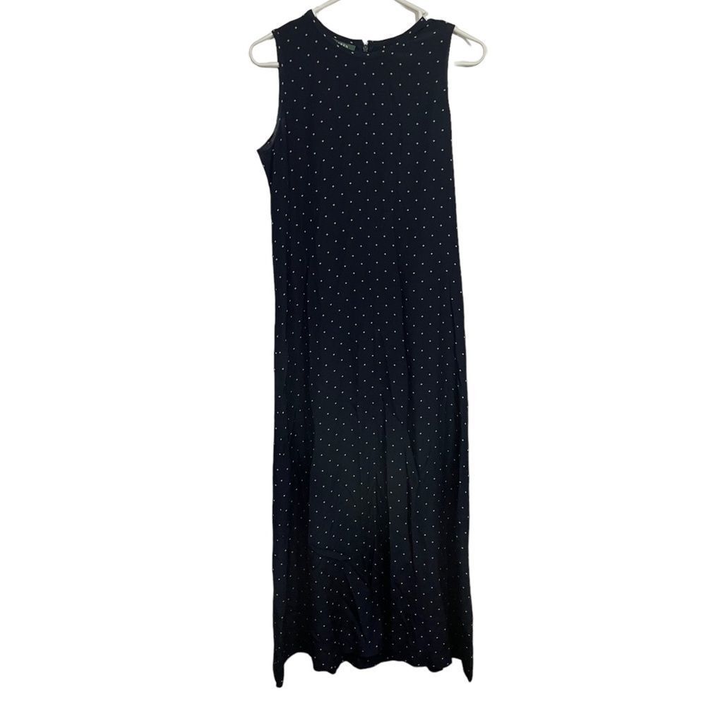 Lauren Ralph Lauren Navy Polka Dot Silk Sleeveless Maxi Dress